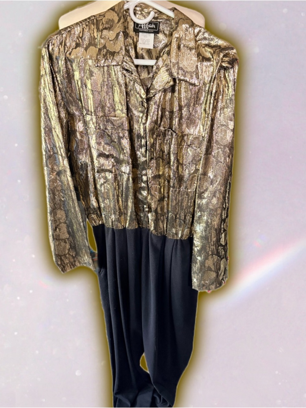 Vintage 80s 90s Affair Gold Metallic & Black Jumpsuit Size 14